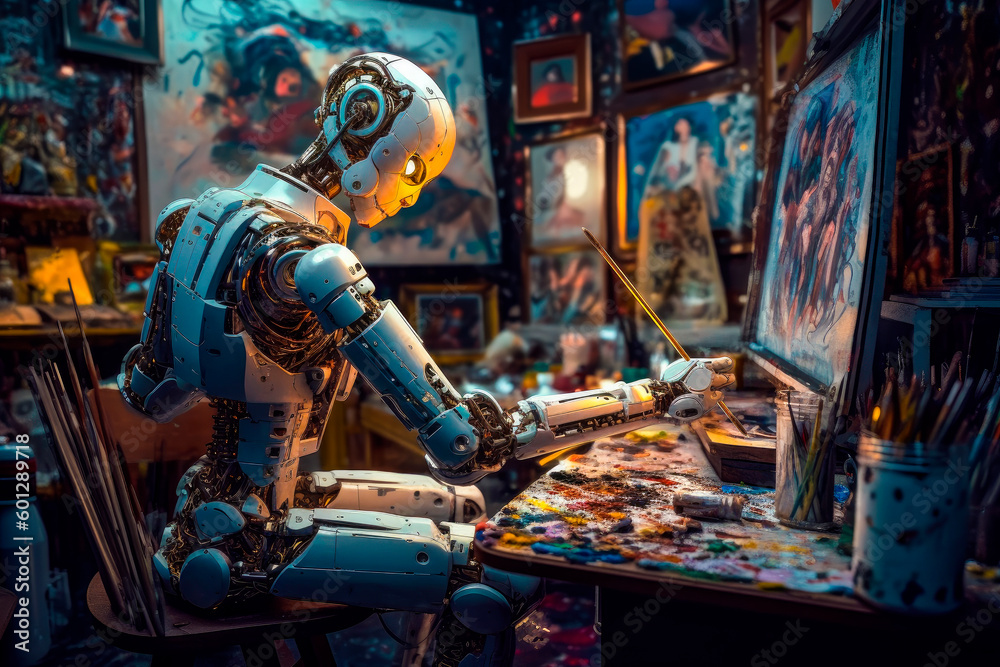 Fototapeta premium AI robot paints picture at home studio. AI generated.