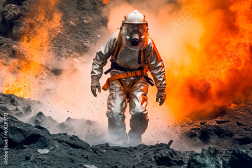 Scientist in fire protective suit in a lava landscape exploring volcano activities.AI generated. photo