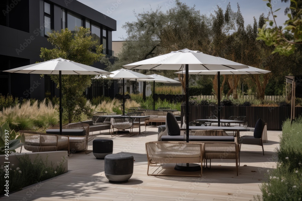 modern outdoor seating area with sleek and comfortable chairs and stylish umbrellas, created with generative ai