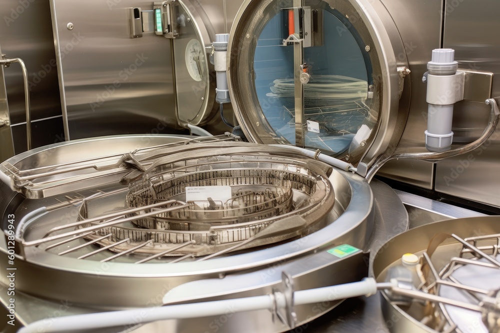 surgical instruments being sterilized in autoclave, with visible steam ...