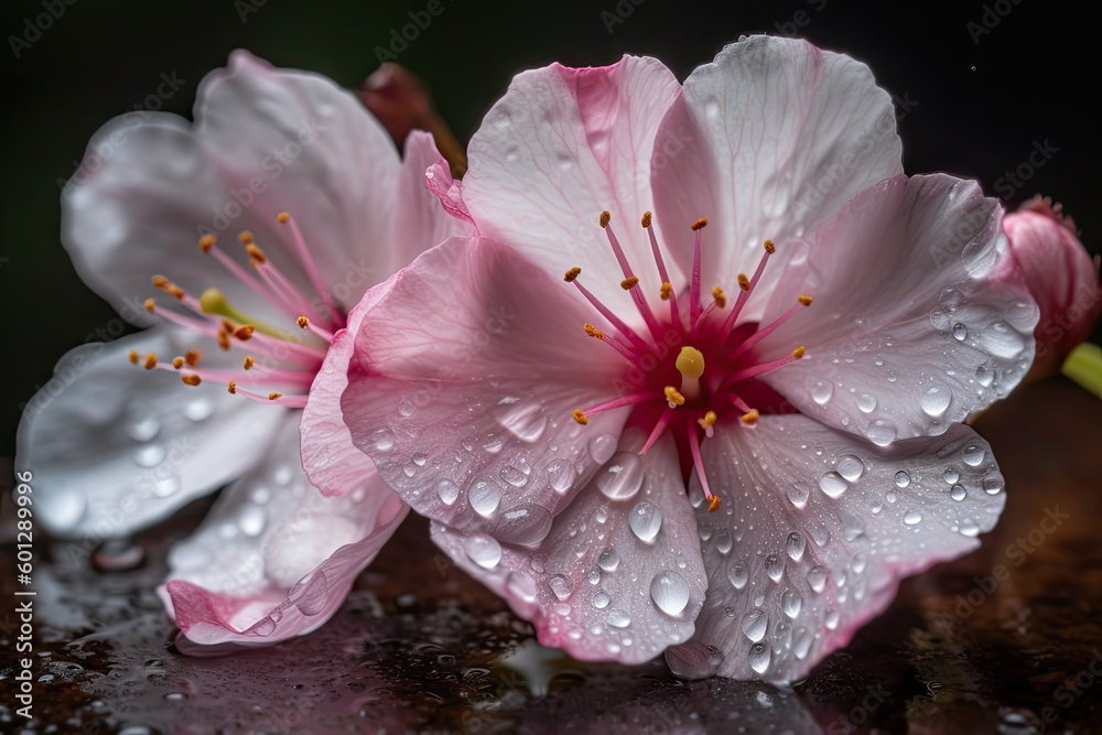 close-up of cherry blossom petals, with dew drops glistening in the light, created with generative ai close-up of cherry blossom petals, with dew drops glistening in the light, created with generative ai