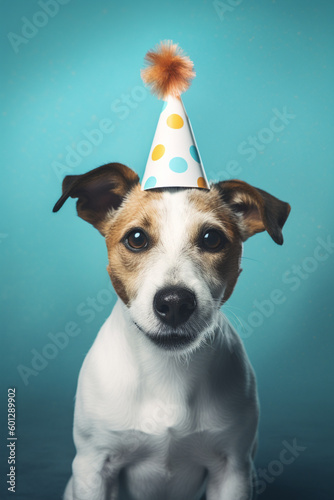 Funny dog wearing party hat, birthday celebration card. Happy pets. Generative AI