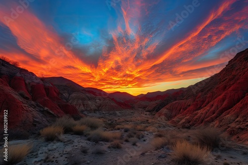 fire canyon sunset, with fiery reds and oranges shining against the blue sky, created with generative ai