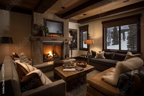 cozy seating area with a fireplace and plush cushions for ultimate relaxation, created with generative ai © altitudevisual