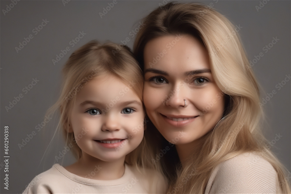 Caucasian blond mother and her daughter smiling on a grey background Caucasian blond mother and her daughter smiling on a grey background