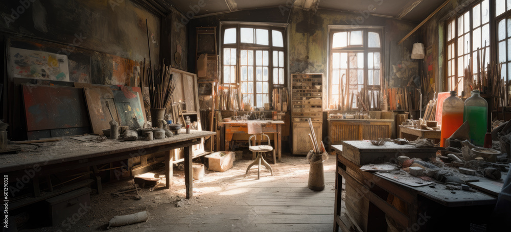 Old European style painters atelier. An artists atelier, craft room, with brick interior. Paint, paint brushes, and paint sumdges and splatters. Generative AI.