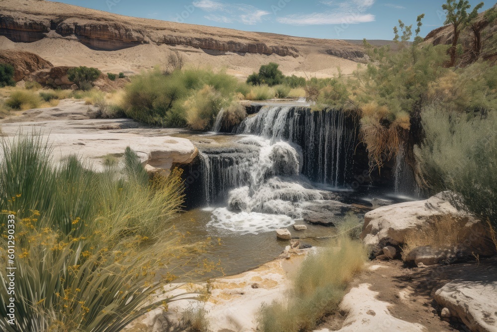 waterfall cascading into oasis, surrounded by desert landscape, created with generative ai