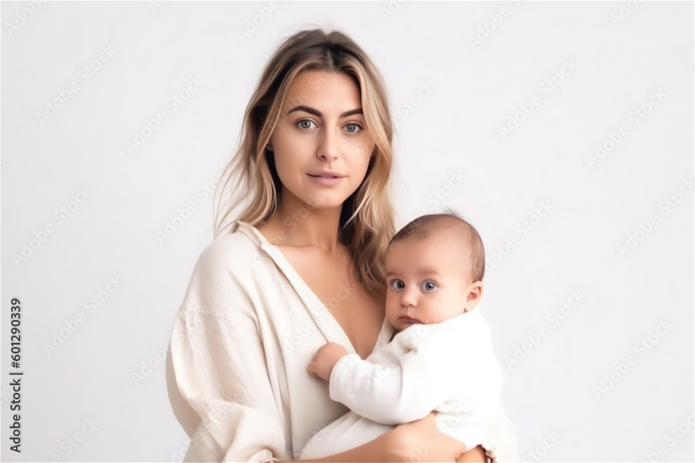 Caucasian blond mother and her baby smiling on a white background Caucasian blond mother and her baby smiling on a white background