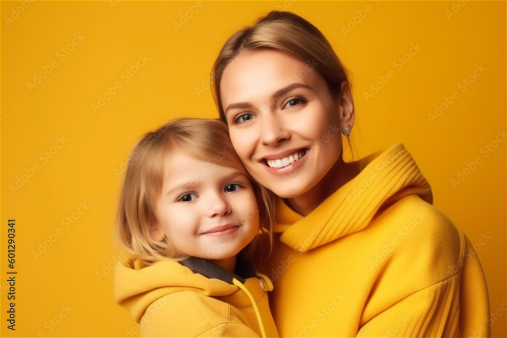 Caucasian mid mother and child smiling on a yellow background Caucasian mid mother and child smiling on a yellow background