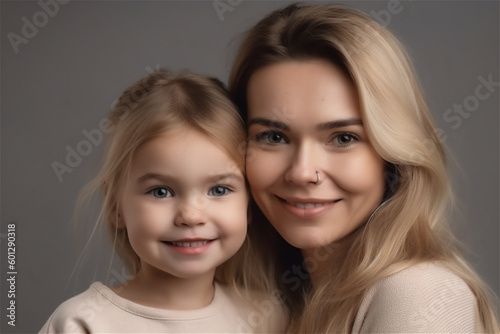 Caucasian blond mother and her daughter smiling on a grey background