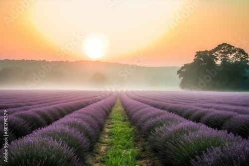 lavender field in the mist, with sun peeking through, created with generative ai