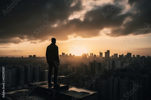 A person s silhouette standing on a city rooftop and looking at the skyline representing urban lifestyle and ambition
