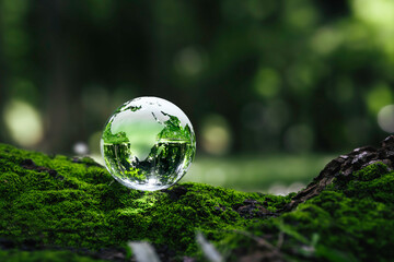 Crystal earth on ferns in green grass forest with sunlight. Environment, save the World, earth day, ecology, and Conservation Concepts..