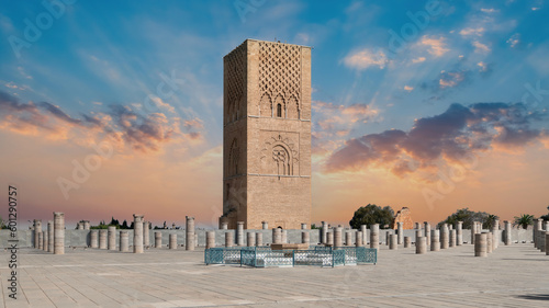 Rabat, Morocco - September 2022: Hassan tower at Mausoleum of Mohammed V, built to honor the memory of the late King Mohammed V during sunset.