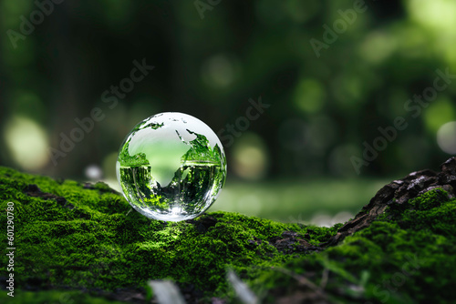 Fototapeta Naklejka Na Ścianę i Meble -  Crystal earth on ferns in green grass forest with sunlight. Environment, save the World, earth day, ecology, and Conservation Concepts..