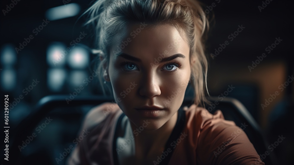 Portrait of a woman with white hair doing sports in the gym. Gym, fitness. Generative ai. Portrait of a woman with white hair doing sports in the gym. Gym, fitness. Generative ai.