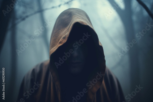 A scary hooded figure with glowing eyes in a spooky forest on a foggy winters day, With a artistic blurred abstract grunge edit,