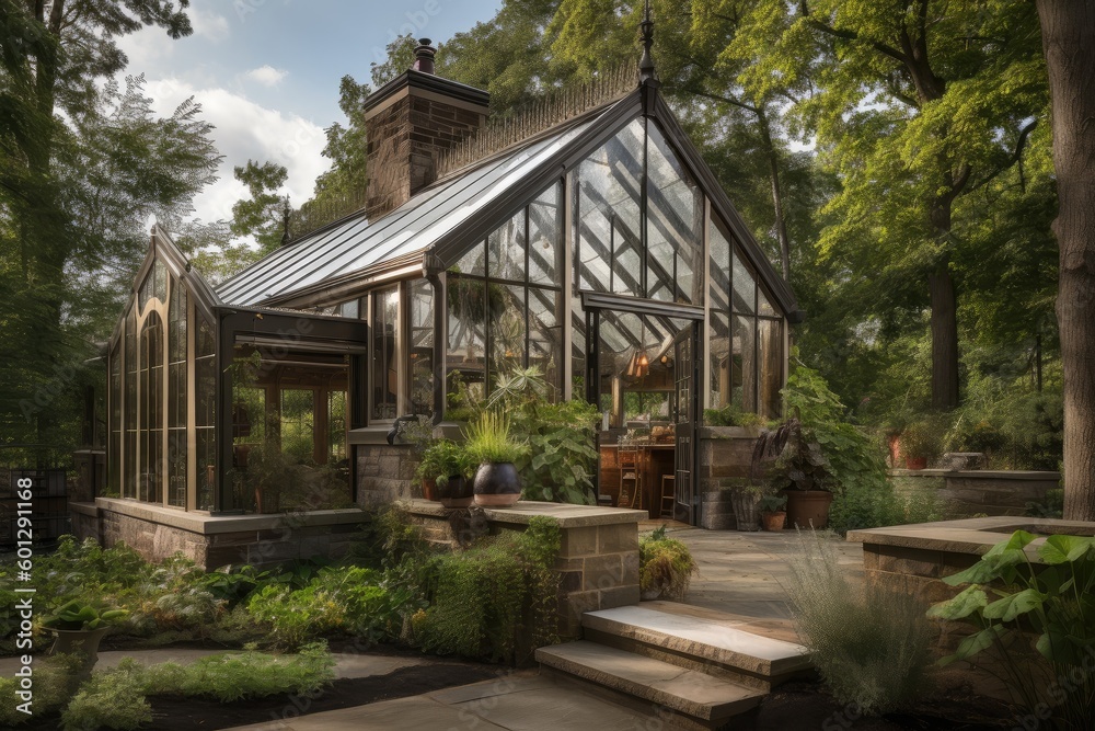 luxury greenhouse with heated floors and cascading water feature, created with generative ai luxury greenhouse with heated floors and cascading water feature, created with generative ai