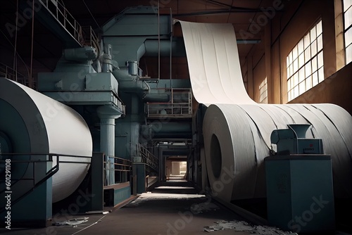 pulp and paper factory, with mile-long conveyor belt transporting sheets of paper, created with generative ai