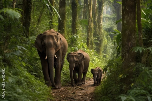 family of elephants, with mother and baby in the lead, moving through a lush forest, created with generative ai © altitudevisual