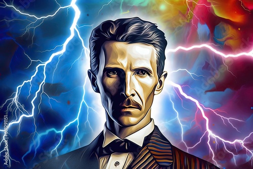 Colorful Illustration of Nikola Tesla, Generative AI