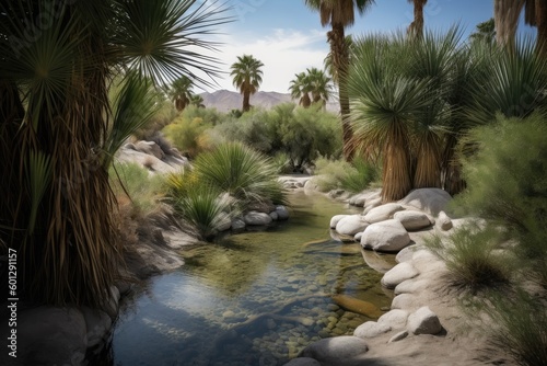 desert oasis, with babbling brook and waterfall, providing welcome respite from the desert heat, created with generative ai