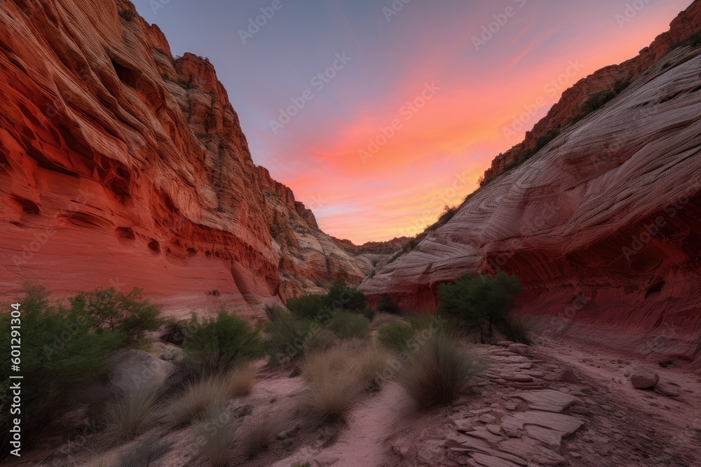 peaceful sunset, with the fiery canyon walls providing a dramatic backdrop, created with generative ai