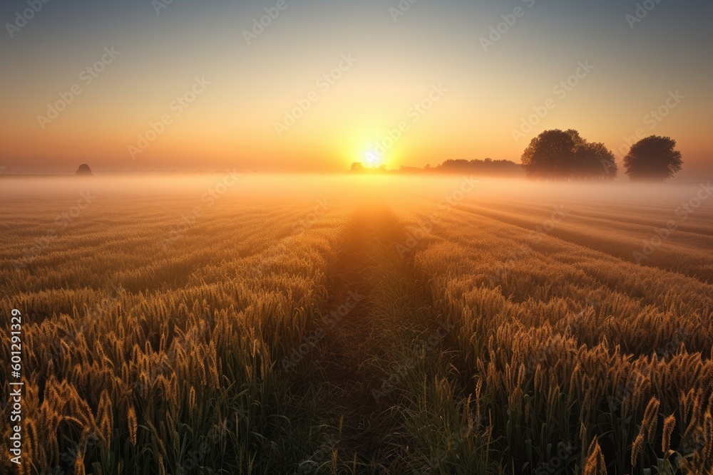 misty sunrise over misty field of golden wheat, created with generative ai misty sunrise over misty field of golden wheat, created with generative ai