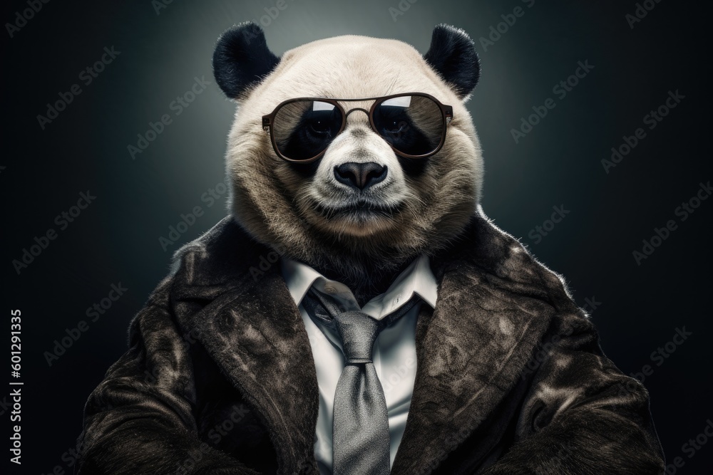 Porträt von lustigen coolen Panda mit Sonnenbrille im Anzug. AI generated, human enhanced Porträt von lustigen coolen Panda mit Sonnenbrille im Anzug. AI generated, human enhanced