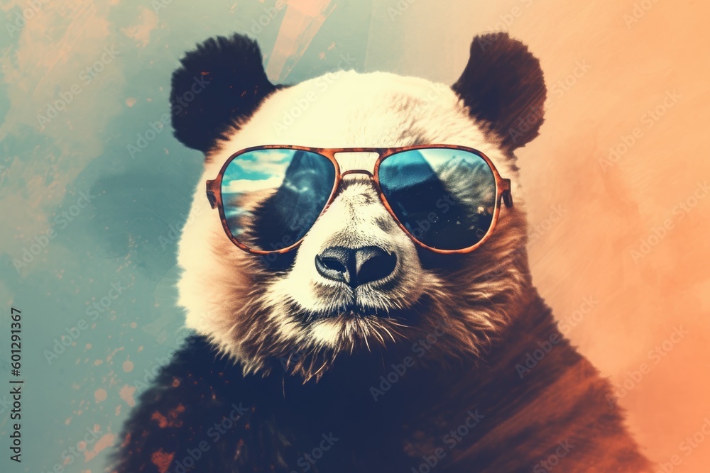 Porträt von lustigen süßen Panda mit Sonnenbrille. AI generated, human enhanced