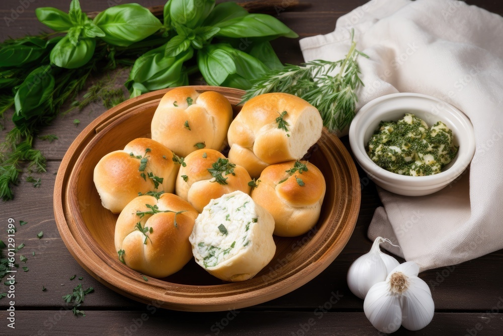 simple plate of warm, fluffy rolls and fresh herbs, created with generative ai