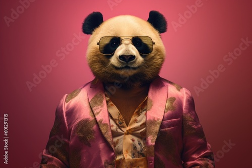 Porträt von lustigen coolen Panda mit Sonnenbrille im Anzug. AI generated, human enhanced photo