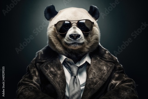 Porträt von lustigen coolen Panda mit Sonnenbrille im Anzug. AI generated, human enhanced