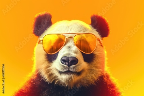 Porträt von lustigen süßen Panda mit Sonnenbrille. AI generated, human enhanced photo