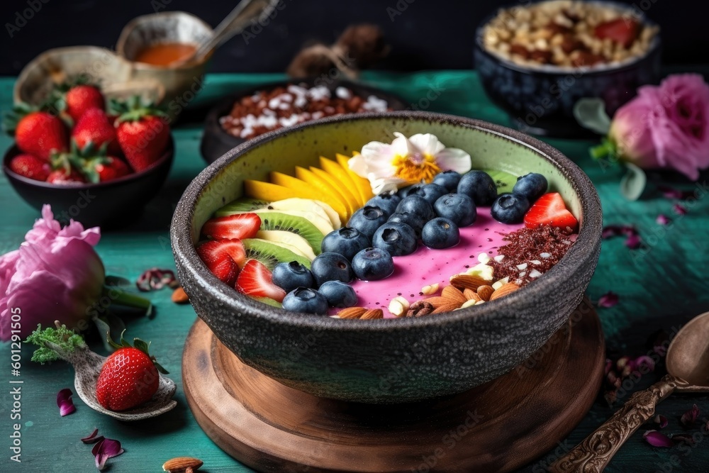 smoothie bowl with mix of fruits, nuts and seeds, created with generative ai smoothie bowl with mix of fruits, nuts and seeds, created with generative ai