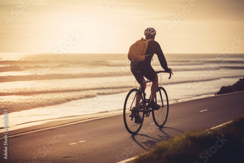 A unrecognizable man riding a bicycle on a scenic coastal road enjoying an active and healthy lifestyle,