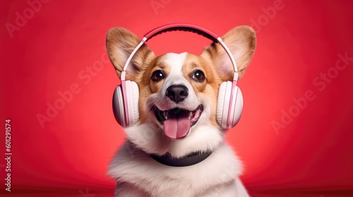 A joyful corgi wearing headphones listens to music on a red background. AI Generated. © Valeriia