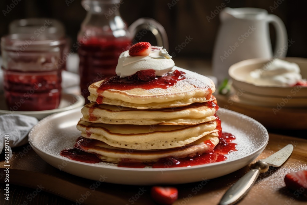 stack of pancakes, topped with homemade strawberry jam and whipped cream, created with generative ai stack of pancakes, topped with homemade strawberry jam and whipped cream, created with generative ai