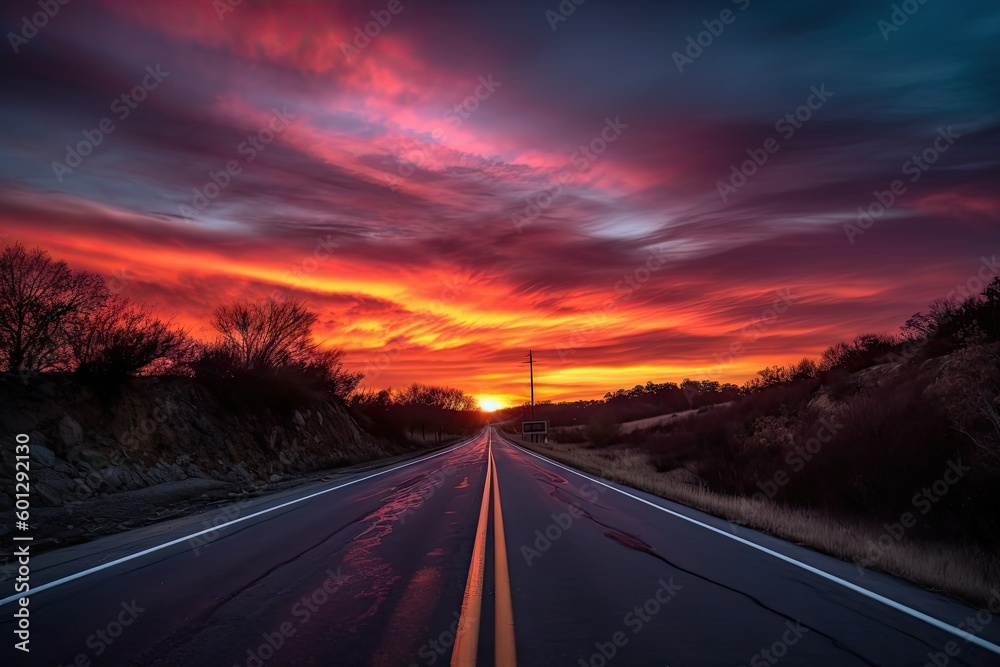 scenic highway at sunset, with the sun setting over the horizon and a colorful sky, created with generative ai