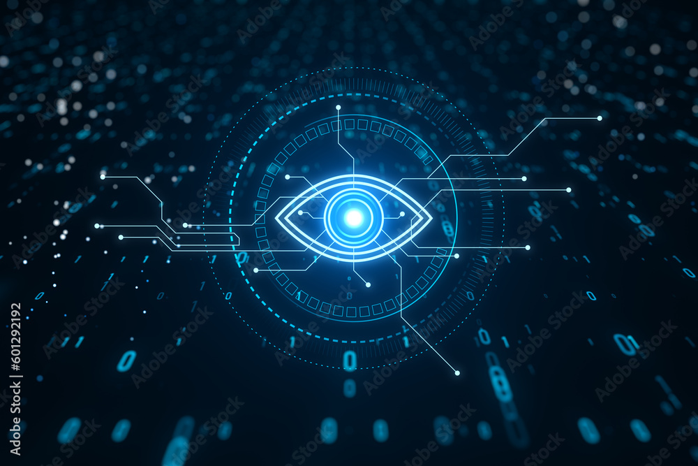 Illustration of digital eye neon style on dark blue background, computer vision and hightech technology concept. 3D Rendering - obrazy, fototapety, plakaty 