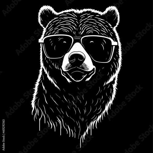 Bear in sunglasses head logo vector template illustration. Drawing for a tattoo. Black background