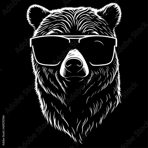 Bear in sunglasses head logo vector template illustration. Drawing for a tattoo. Black background