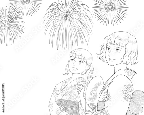 Women in floral-design yukata watching fireworks, black & white drawing