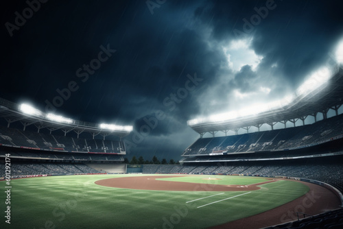 A wide angle of a outdoor baseball stadium full of spectators under a stormy night sky 