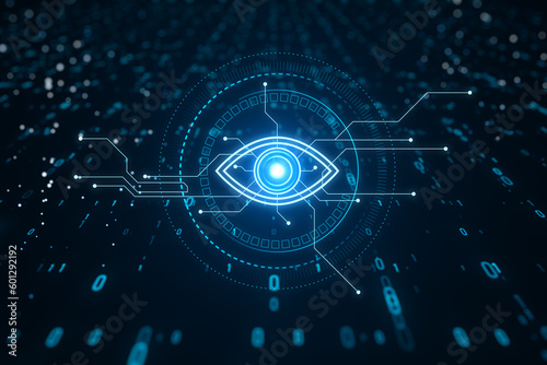 Illustration of digital eye neon style on dark blue background, computer vision and hightech technology concept. 3D Rendering