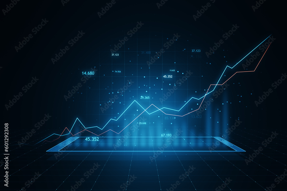 Economy and forex market growth concept with digital blue rising up financial chart diagram and graphs on abstract dark background with grid. 3D rendering - obrazy, fototapety, plakaty 