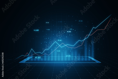 Leinwand Poster Economy and forex market growth concept with digital blue rising up financial chart diagram and graphs on abstract dark background with grid