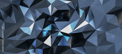 Abstract dark grey and silver triangles in form of crystal background with light reflection. 3D rendering