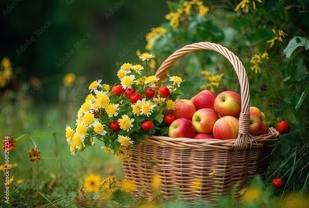 a wicker basket with apples and a flower basket with flowers, generative ai a wicker basket with apples and a flower basket with flowers, generative ai