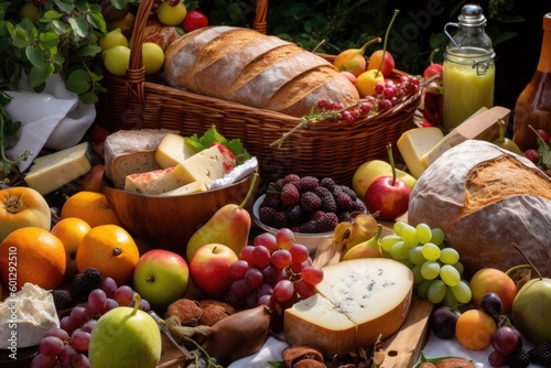 picnic basket overflowing with fruits, cheeses, and breads, created with generative ai